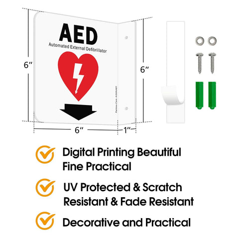 Front view: Faittoo AED sign, 6x6 inch acrylic wall-mount with down-arrow, includes screws and anchors, 2-pack