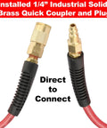 Premium Reinforced Polyurethane Air Hose For Air Compressors 1/4 Inch Diameter By 25 Feet Long with installed brass quick coupler.