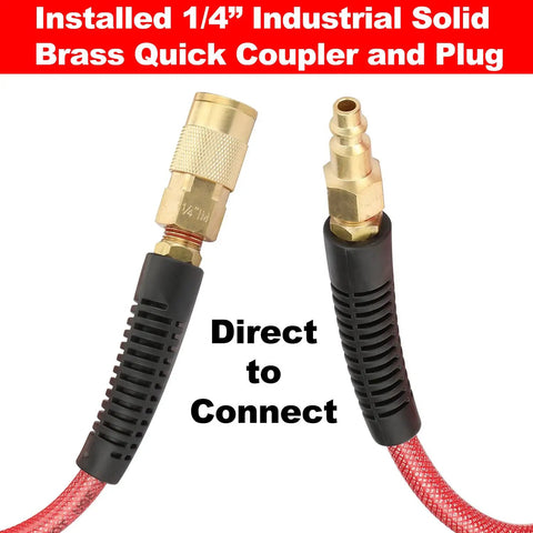 Premium Reinforced Polyurethane Air Hose For Air Compressors 1/4 Inch Diameter By 25 Feet Long with installed brass quick coupler.