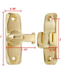 Dual 90 180 Degree Barn Door Latch Lock in Zinc Alloy with dimensions marked, shown uninstalled.