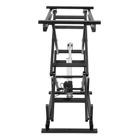 Rock Solid Electric Scissor Lift Table Delivers Smooth Hydraulic Lifts That Raise Workstations Easy Peasy Handles Up To 140 Pounds Without Breaking A Sweat, showing hydraulic lift mechanism and sturdy frame.