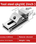 Heavy Duty 2 Inch Bench Vise With Slick Quick Grip Jaw System And Swap Out V Groove Jaws Tool Steel Frame shown with measurements.