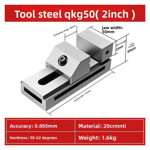 Heavy Duty 2 Inch Bench Vise With Slick Quick Grip Jaw System And Swap Out V Groove Jaws Tool Steel Frame shown with measurements.