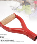 Y Shaped Shovel Handle Replacement with plastic and wooden grips, red ergonomic design, shown against snow shoveling scene