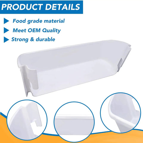 Two Pack 15.95 Inch Fridge Door Bin Side Shelf Replacement for Frigidaire Electrolux Kenmore, white and durable close-up.