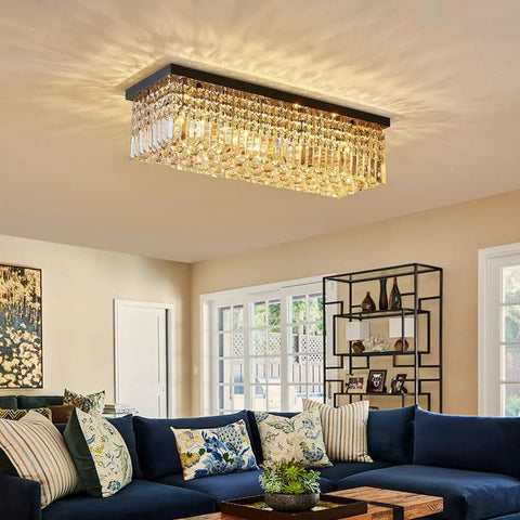 Showstopping Five Light K9 Crystal Chandelier Pendant Ceiling Light With Island Design, Flush Mount Fixture in elegant living room
