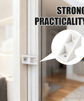 Eight Pack Patio Door Clips And Fixed Panel Brackets For Wood Gliding Sliding Doors Durable Plastic Construction Abrasion Resistant Brackets For Stable Long Lasting Operation In Bulk Pack installed on patio door with close-up inset of white bracket.
