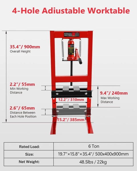 Front view of 6 Ton Hydraulic Shop Press Heavy Duty H Frame Garage Press With Adjustable Worktable And Stamping Plates