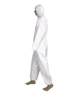 Side view of white XL hooded disposable isolation coveralls for non-medical use lightweight protective suit with hood AAMI Level 1 barrier