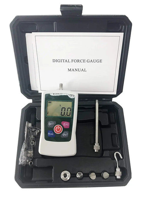 2N Push-Pull Force Gauge Tester for Tension and Compression Load Testing With Digital Display, Ultra-Precise 0.001N Readout, Handy Pocket-Friendly White Sensor Meter for Quick Checks in black case
