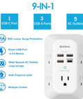 Five Outlet Surge Protector Power Strip With USB Ports And USB C Wall Extender showing 9-in-1 design and surge protection features