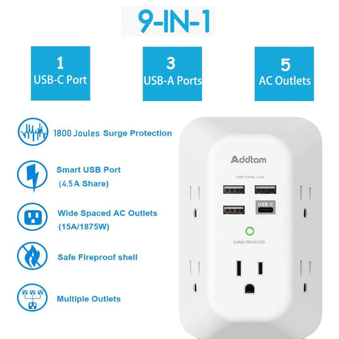Two Pack USB Wall Charger Surge Protector With Five Outlets And Four USB Ports Including USB C For Home Office Use White Juice Up Your Desk Setup Everyday displayed with features