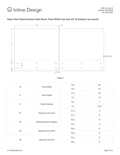Heavy Duty Satin Stainless Steel Glass Clamp Standoffs Inline Design 2 Inch For 3/8 1/2 9/16 Inch Glass Thickness specification sheet