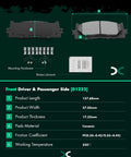 Front And Rear Ceramic Brake Pad Set For Lexus ES300h 2013 To 2018, ES350 2007 To 2018, Toyota Avalon 2008 To 2018, And Camry 2007 To 2017 with dimensions and material details.