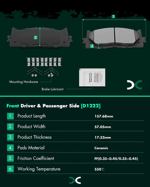 Front And Rear Ceramic Brake Pad Set For Lexus ES300h 2013 To 2018, ES350 2007 To 2018, Toyota Avalon 2008 To 2018, And Camry 2007 To 2017 with dimensions and material details.