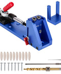 Heavy Duty Pocket Hole Jig Kit With Adjustable Depth Clamp For Cabinetry And Furniture Repair Includes Drill Bushings Wood Plugs Screws And Boring Tool, blue metal jig