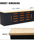 Product dimensions of Heavy Duty Garage Cabinet Workbench With Solid Wood Top, features sturdy steel, 112.2" length and 26.4" depth.