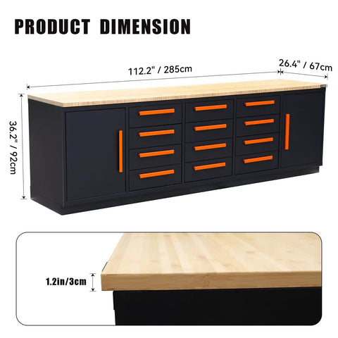 Product dimensions of Heavy Duty Garage Cabinet Workbench With Solid Wood Top, features sturdy steel, 112.2" length and 26.4" depth.