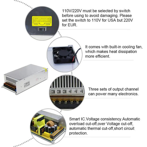 Beefy 24V 25A 600W Power Supply Adapter SMPS Switch Mode DC Converter with cooling fan and multi-channel output details