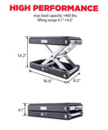 Beefy Heavy Duty 1400 Lb Motorcycle Lift Scissor Jack with handle and ratchet, shown at maximum and minimum height levels.