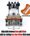 Hella Smooth Sixty Five Millimeter Aluminum Router Table Insert Plate With Heavy Duty Slotting Frame shown from the front with adjustable features.