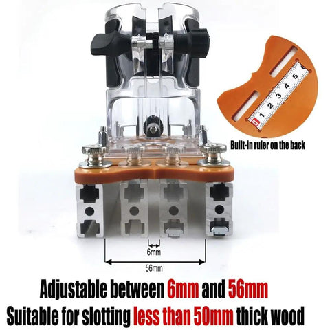 Hella Smooth Sixty Five Millimeter Aluminum Router Table Insert Plate With Heavy Duty Slotting Frame shown from the front with adjustable features.