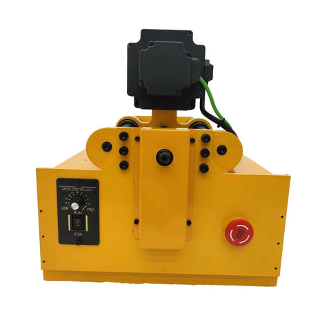 Front view of Yokoma 110V portable line boring machine; yellow housing, black control box, red stop button.