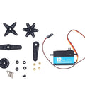 Heavy Duty Digital Servo Motor With 12kg Torque And 90 Degree Sweep Featuring All Steel Gears and accessories laid out.