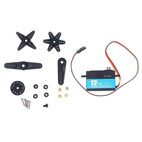 Heavy Duty Digital Servo Motor With 12kg Torque And 90 Degree Sweep Featuring All Steel Gears and accessories laid out.