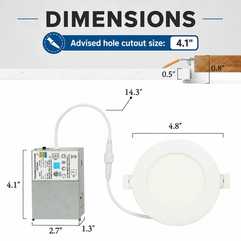 LOG BARN 4 Inch LED Recessed Lighting with Junction Box dimensions diagram showing cutout size, driver box, and light fixture sizes.