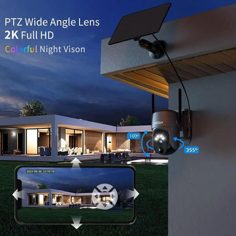 Totally Wireless Outdoor Security Camera With Solar Power mounted on house corner, displaying video on smartphone