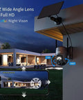 2 Pack Wireless Outdoor Security Cameras 2K 360 Degree PTZ Solar Powered With Spotlight And Siren Color Night Vision AI Motion Detection Two Way Talk 2.4G WiFi IP66 Weatherproof mounted on modern house