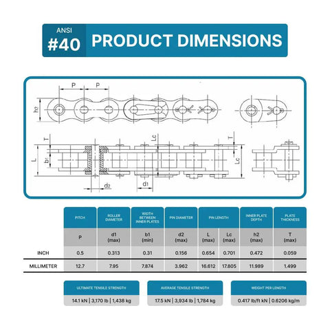 Technical drawing and dimensions chart for Durable Roller Chain Carbon Steel ANSI 40 One Half Inch Pitch Three Feet Long Seventy One Links