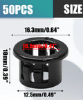50 Pack 1/2 Inch Cable Snap Bushing Grommet Protector Black Round Nylon with size dimensions, smooth edges, and flame retardant