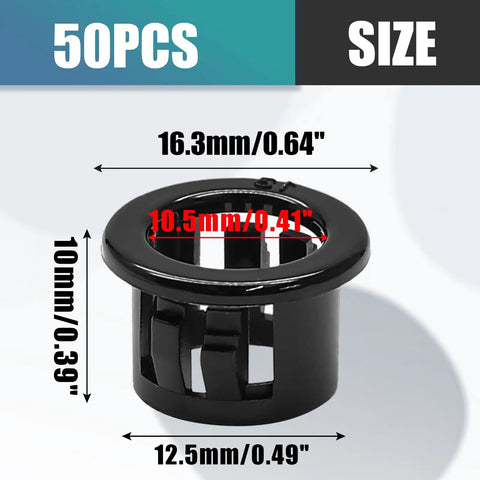50 Pack 1/2 Inch Cable Snap Bushing Grommet Protector Black Round Nylon with size dimensions, smooth edges, and flame retardant