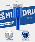 Diamond tile drill bit with hex shank, 30 mm diameter, blue body, grit #35/40