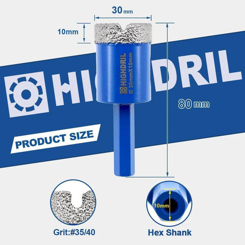 Diamond tile drill bit with hex shank, 30 mm diameter, blue body, grit #35/40