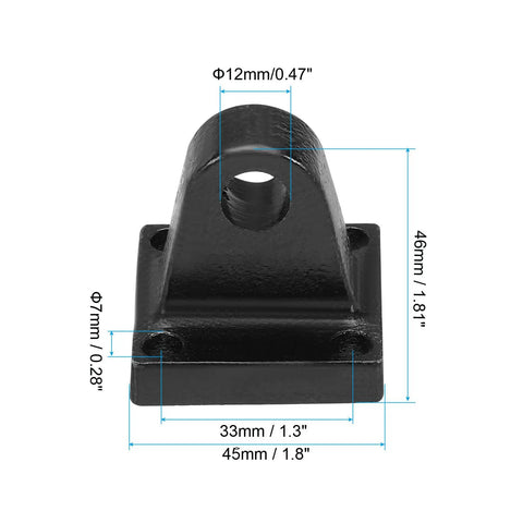 Beefy Durable Pneumatic Cylinder Foot Flange Mounting Bracket 45x45x46mm Rear Mount With Pivot Clevis 33mm Hole Spacing 12mm Large Hole 7mm Small Holes Low Carbon Steel Wear Resistant Black, front view