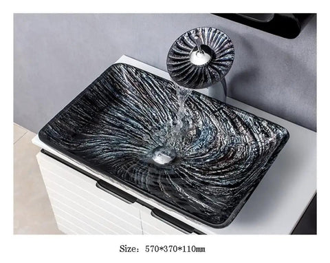 Killer 12Mm Thick Tempered Glass Vessel Sink For Countertop Vanity Basin With 360 Swivel Waterfall Faucet Hot Cold Mix Dead Easy Cleanup And Built Like A Tank For Modern Bathrooms Today - sleek black glass design with integrated waterfall faucet.