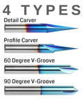 CNC Wood Carving Router Bit Set With 1/4 Inch Shank - 4 Piece, Pro Grade Tungsten Carbide Bits With Nano Blue Coating, detail and V-groove bits