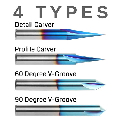 CNC Wood Carving Router Bit Set With 1/4 Inch Shank - 4 Piece, Pro Grade Tungsten Carbide Bits With Nano Blue Coating, detail and V-groove bits
