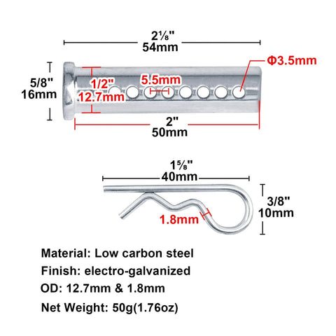 20 Pack One Half Inch By Two Inch Heavy Duty Multi Hole Clevis Pins With R Clips, Adjustable Universal Fastener, Low Carbon Steel, Galvanized Finish, Includes One Eighth Inch Hole And Seven Thirty Second Inch Center Spacing