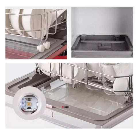 Skip the Sink Fully Automatic Desktop Dishwasher For Home Kitchen Large Capacity Auto Wash System With Triple Filter and Front Loading Design, showing interior tray and filter details.