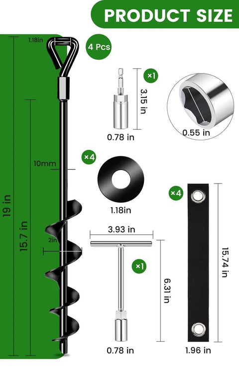 Heavy Duty Trampoline Ground Anchors 19 Inch Screw In Stakes for High Wind, Pack of 4, size and components diagram.
