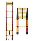 Grab This Bad Boy Compact Fiberglass Telescoping Ladder For Electrical Work That Is Super Sturdy Non Conductive With Wide Anti Slip Treads And Secure Locks Handling Three Hundred Thirty Pounds Like A Champ In Two To Six Meter Sizes displayed in extended and compact forms.