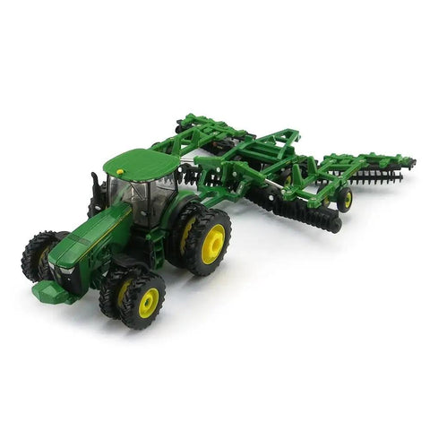 John Deere 8320R Tractor and 637 Disk Set 1:64 Scale Die Cast Farm Toy with front and rear dual tires, green paint, attached disk