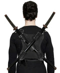Ninja Sword Back Holster And Back Sheath Dope Adjustable Leather Double Sword Holder in black leather, worn by person