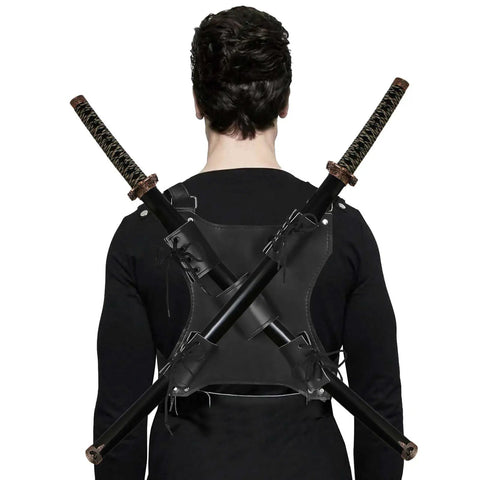 Ninja Sword Back Holster And Back Sheath Dope Adjustable Leather Double Sword Holder in black leather, worn by person