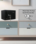 Small Steel Safe Box With Key Lock for Home Office Cash and Jewelry Storage, Hidden 0.23 Cubic Feet, on cabinet with key sign