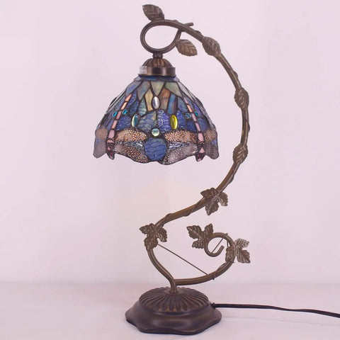 Blue Stained Glass Dragonfly Tiffany Style Table Lamp With Metal Leaf Accent Cozy Desk Or Nightstand Reading Light For Small Spaces 8 Inch Shade 21 Inch Tall Bronze Resin Base UL Listed